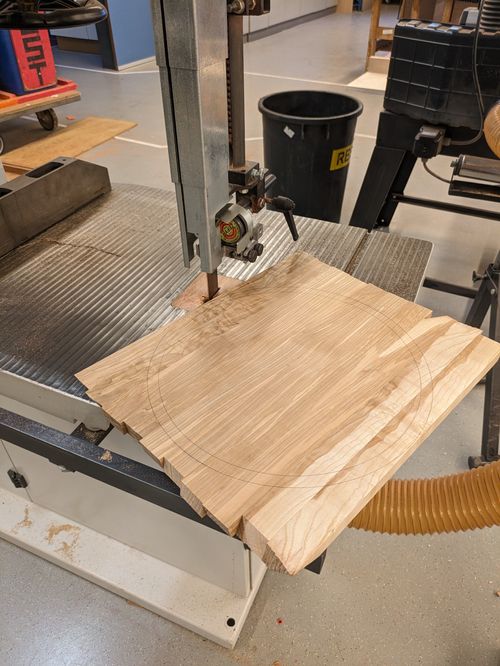 Sawing the board round with the band saw.